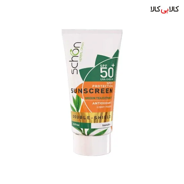 کرم ضد آفتاب دابل شیلد SPF50 فاقد چربی چای سبز بی رنگ شون حجم 50 میلی لیتر