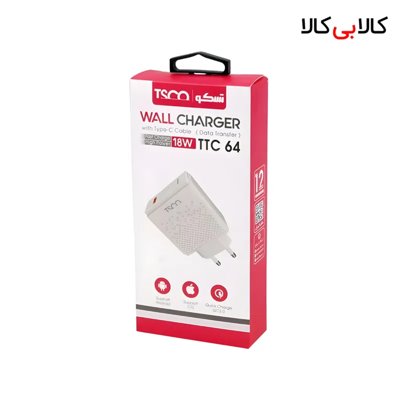 شارژر دیواری 18 وات تسکو مدل TTC 64 به همراه کابل USB-C