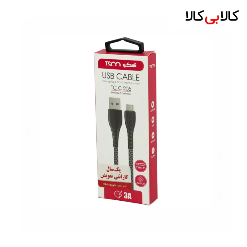 کابل تایپ سی فست شارژ 3 آمپر تسکو TCC206 طول 1 متر