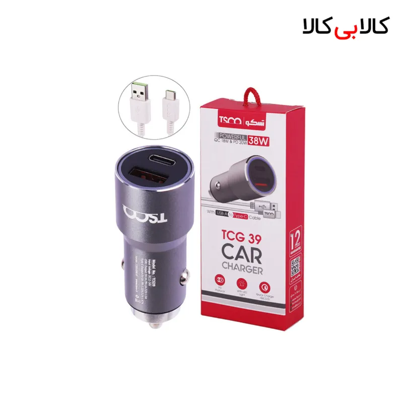 شارژر فندکی 38 وات تسکو TCG39 + کابل تایپ سی