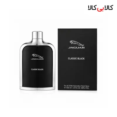 بطری مشکی و نقرهای ادکلن جگوار کلاسیک بلک مردانه 100 میلیلیتر کنار جعبه