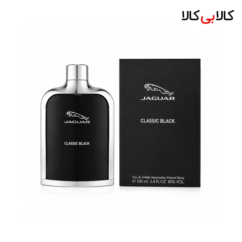 بطری مشکی و نقرهای ادکلن جگوار کلاسیک بلک مردانه 100 میلیلیتر کنار جعبه