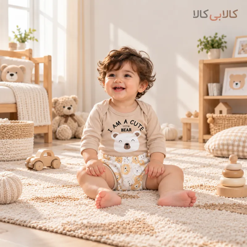 سرویس باز افرا طرح خرس کیوت رنگ کرمی