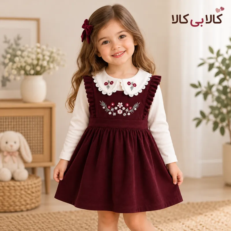 دو تیکه سارافون و بلوز زیردکمه رنگ زرشکی و سفید