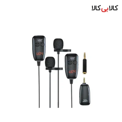 میکروفون یقه‌ای بی‌سیم دوگانه مدل UHF-040 با دو فرستنده و گیرنده AUX
